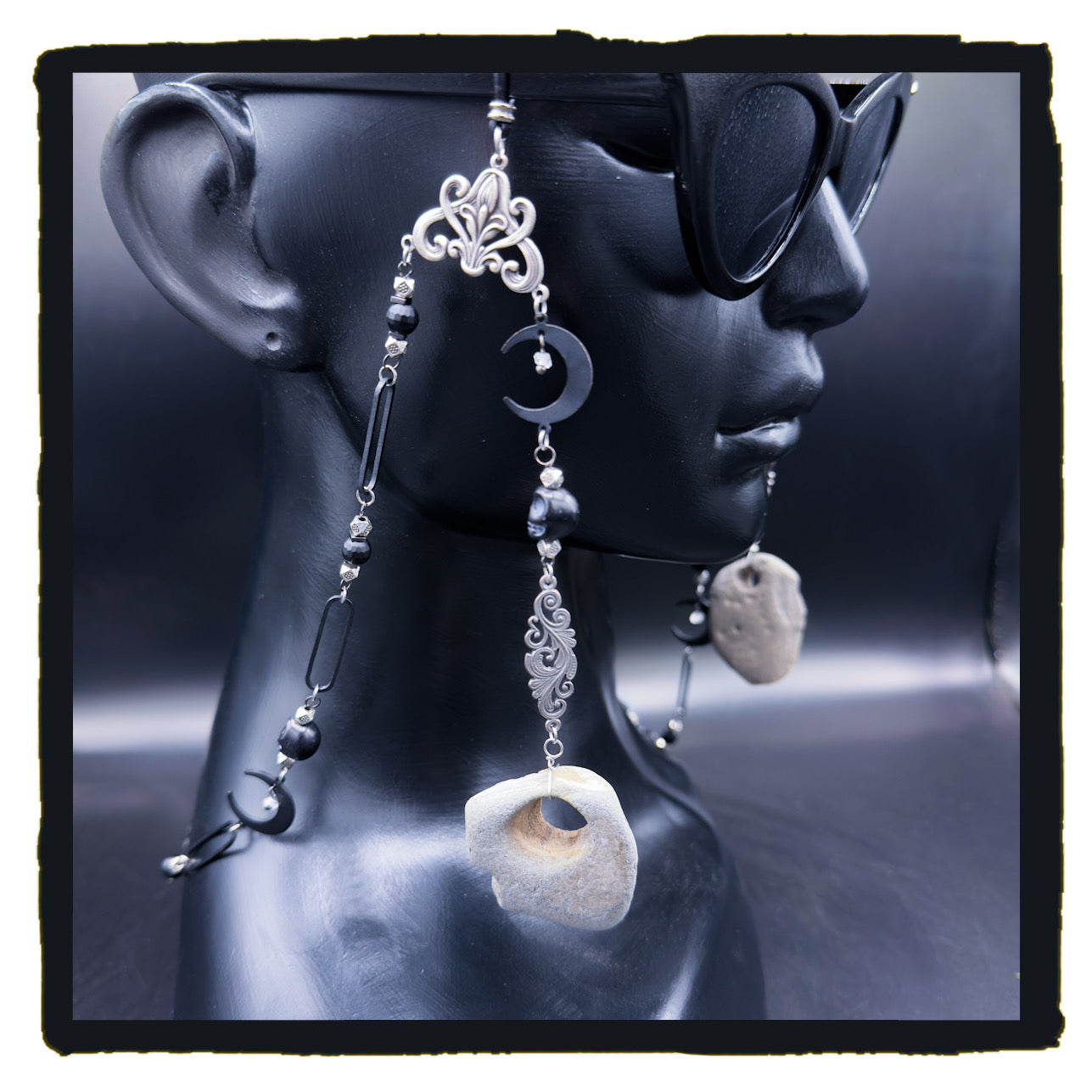 Witches Make Wishes Handmade Eyewear Chain – Hag Stones, Moon Charms, Skull Beads & Onyx