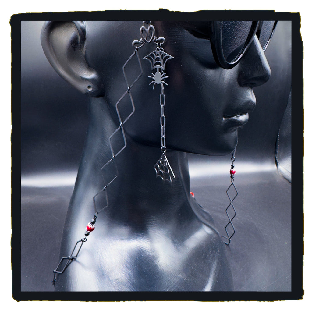 The Red Hour Handmade Eyewear Chain – Black Diamond Connectors, Red Rings & Spider Web Charms