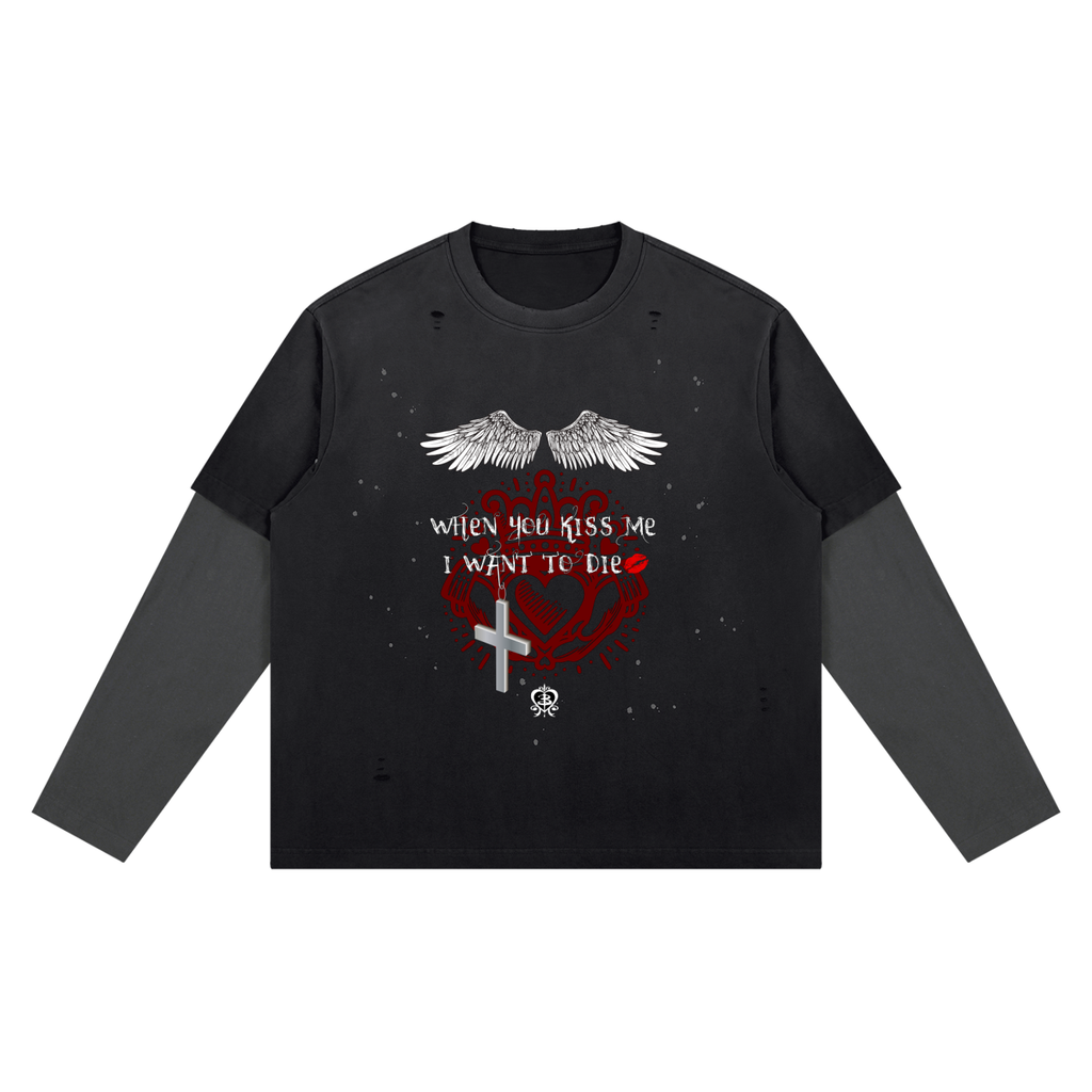 Buffy and Angel Buffy-inspired graphic on an Unimaginative vintage-wash long-sleeve tee